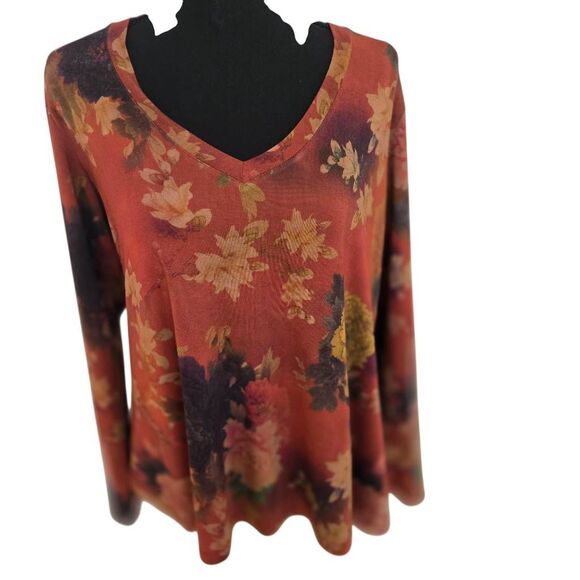 Johnny Was Womens Embers Floral Favorite Long Sleeve Vneck Swing Tee Rust Medium - Picture 9 of 9